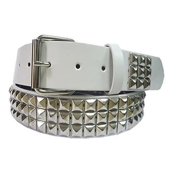 3-Row Silver Pyramid Studded White Belt Adult Size