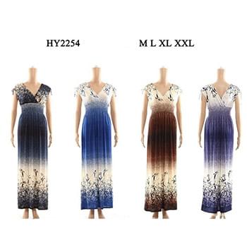 V Neck Leaf Print Sectional Colored Maxi Dress