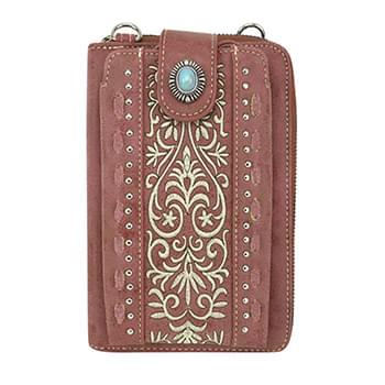 Embroidered Scroll Collection Phone Wallet/Crossbody - Brown