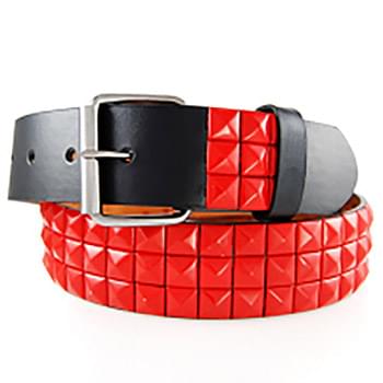Red 3-Row Metal Pyramid Studded Leather Belt Unisex Men's Women's