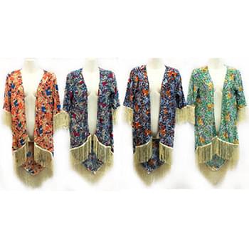 Multicolor Flower Print Coverup With Fringes
