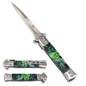 Wholesale 9" Spring Assisted stiletto knife Green Marijuana Leaf Design